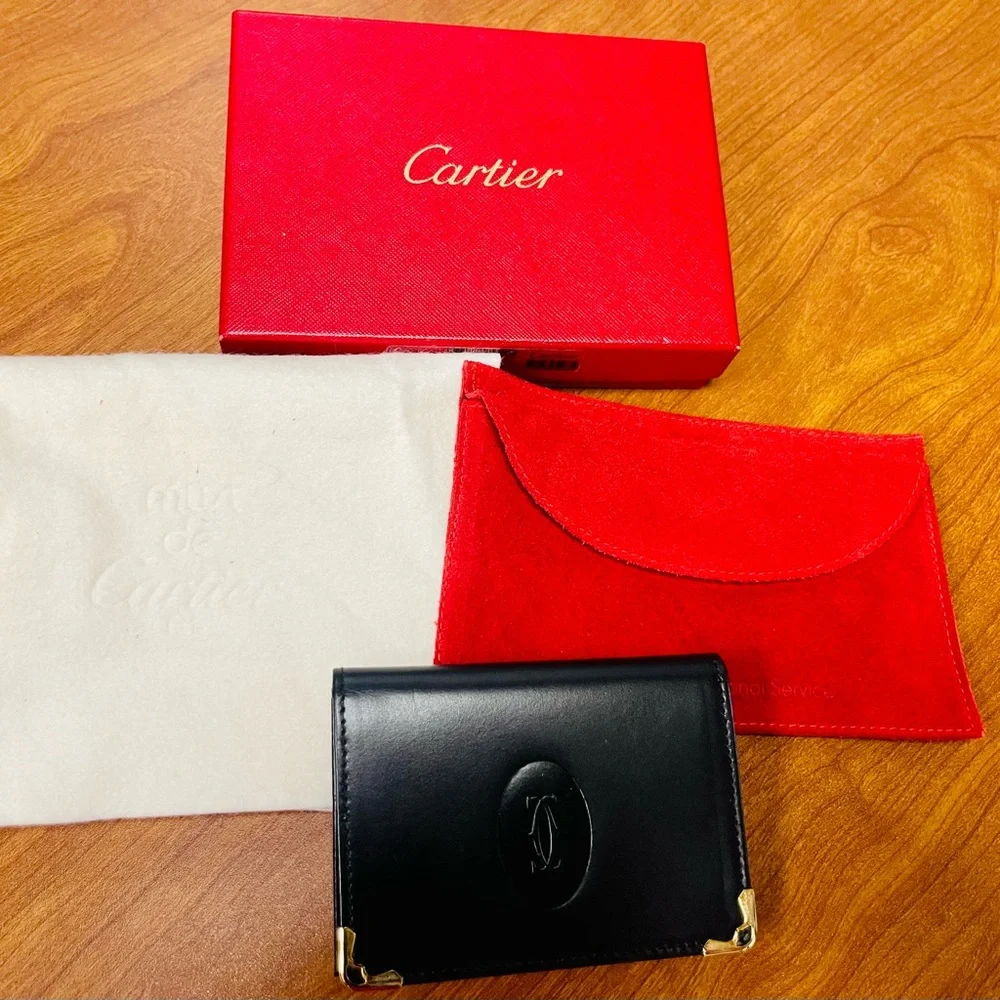 Cartier Black Leather Card Wallet with Red Box and Pouch